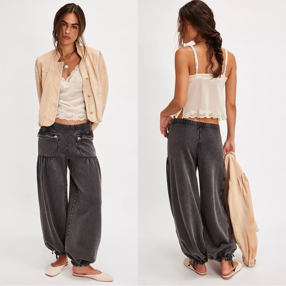 NWT FREE PEOPLE FP One Bohemian Wide Leg Barrel Arden Knit Pants Washed Black XL - Picture 1 of 12